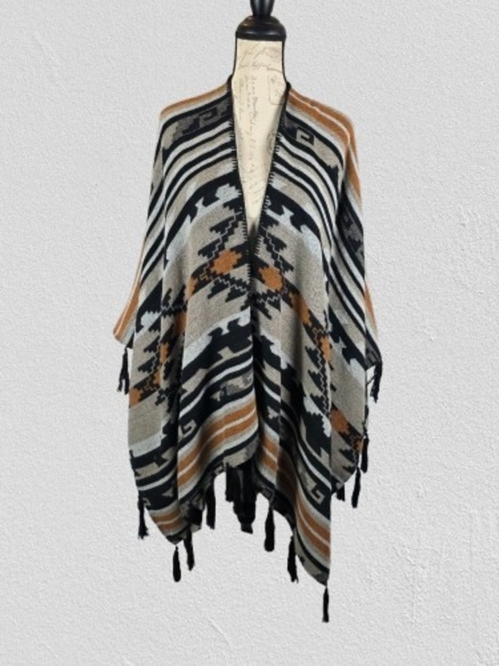 Shyanne Neutral Aztec Tassel Poncho Wrap - Black, Gray & Tan OS